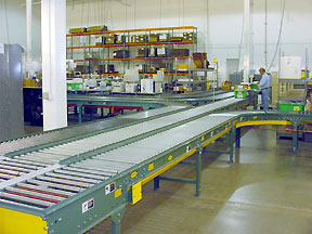 Aviall shipping area - conveyors send loaded totes to the right zone for shipping.