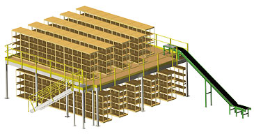 high density parts storage mezzanine - structural with shelves and incline conveyor