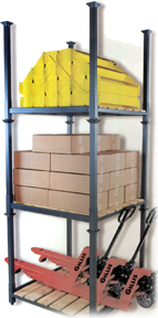 Stacking rack with pallet jacks and boxes