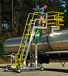 Man on a mobile work platform over a tanker truck