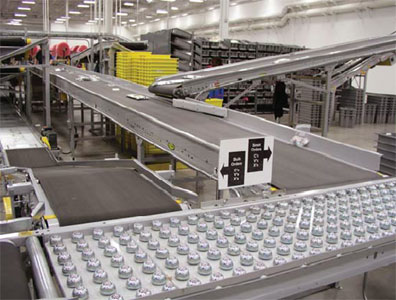 belt conveyors and ball transfer station in Mouser Electronics distribution center