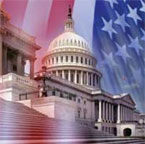 American flag image layered over the United States Capitol building