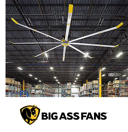 Big Ass Fans logo under an HVLS fan in a warehouse