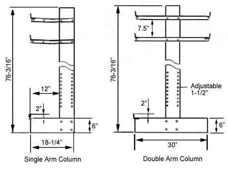 side view of single arm and double arm with dimensions