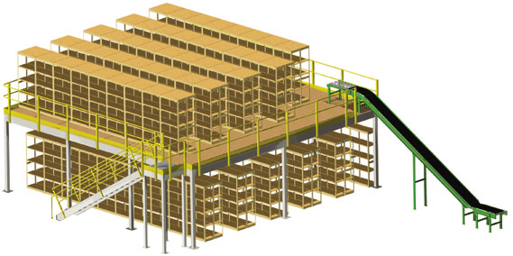 Shelf supported pick module with takeaway inclined conveyor.