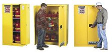 Three styles of safety cabinet, two loaded with flammable safety cans