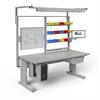 Manual height adjustable workstation with bin rails, light, CPU holder, single drawer, flat screen display arm and white board back screen