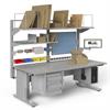 Heavy-duty workstation with electric height adjustment plus corrugated shelves, rod dividers, steel shelf, dividers, bin rails, fabric back screen, CPU holder, monitor display arm, and drawer unit
