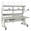Packing workstation with electric height adjustment. All shown components included. Shown with casters; also available with leveling glides.
