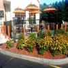 Orange bollards and plants surrounding an outdoor dining area with umbrellas