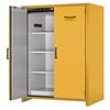 Empty cabinet showing steel shelving and interior air vent