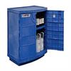 View of partially open cabinet with chemicals stored inside