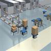 Warehouse floor with AGVs carrying loads to conveyor