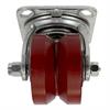 Angled front view of swivel caster with grooved red wheel