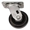 Angled side view of swivel caster with black wheel