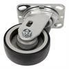Angled bottom view of swivel caster with black and silver wheel
