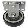 Angled bottom view of rigid caster with black and silver wheel