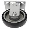 Angled bottom view of rigid caster with black and silver wheel