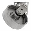 Angled bottom view of swivel caster with silver wheel