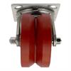 Angled front view of swivel caster with grooved red wheel