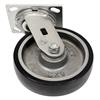 Angled bottom view of swivel caster with black and silver wheel