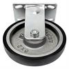 Angled bottom view of rigid caster with black and silver wheel