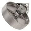 Angled bottom view of swivel caster with silver wheel