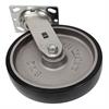 Angled bottom view of swivel caster with black and silver wheel