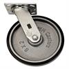 Side view of swivel caster with black and silver wheel