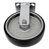 Angled bottom view of rigid caster with black and silver wheel