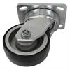 Angled bottom view of swivel caster with black and silver wheel