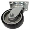 Angled bottom view of swivel caster with black and silver wheel