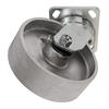 Angled bottom view of swivel caster with silver wheel