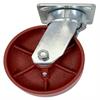 Angled side view of swivel caster with red wheel