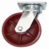 Side view of swivel caster with red wheel