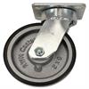 Side view of swivel caster with black and silver wheel