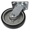 Angled bottom view of swivel caster with black and silver wheel