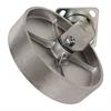 Angled bottom view of swivel caster with silver wheel