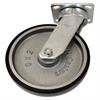 Angled side view of swivel caster with black and silver wheel