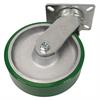 Angled bottom view of swivel caster with green and silver wheel