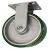 Angled side view of rigid caster with green and silver wheel