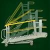 Adjustable height work platform has self-leveling stairs and deck that adjust to correct angle automatically