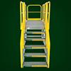 View of mobile work platform from stair end, showing no-slip self-draining surfaces on tread and deck, along with OSHA compliant removable safety handrail
