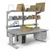 Electric height adjustable workstation with corrugated shelves, rod dividers, steel shelves. slide-on dividers, bin rails, flat screen display arm, CPU holder and drawers