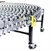 Curved flexible skatewheel conveyor with yellow handle on support leg