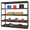 Waterfall rivet shelving with stored items.