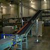 Roller bed incline conveyor in a manufacturing facility.