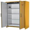 Fully open and empty cabinet shows spacious steel shelving and interior air vent