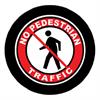 round red, white, and black sign with slash through striding figure and text reading 'no pedestrian traffic'