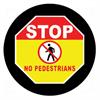 red and yellow octagon with slash through striding figure and text reading 'stop - no pedestrians'